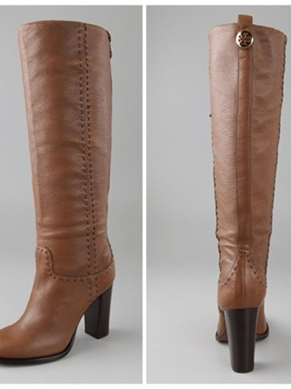 Tory Burch Cognac Leather Tall Block Heel Boots